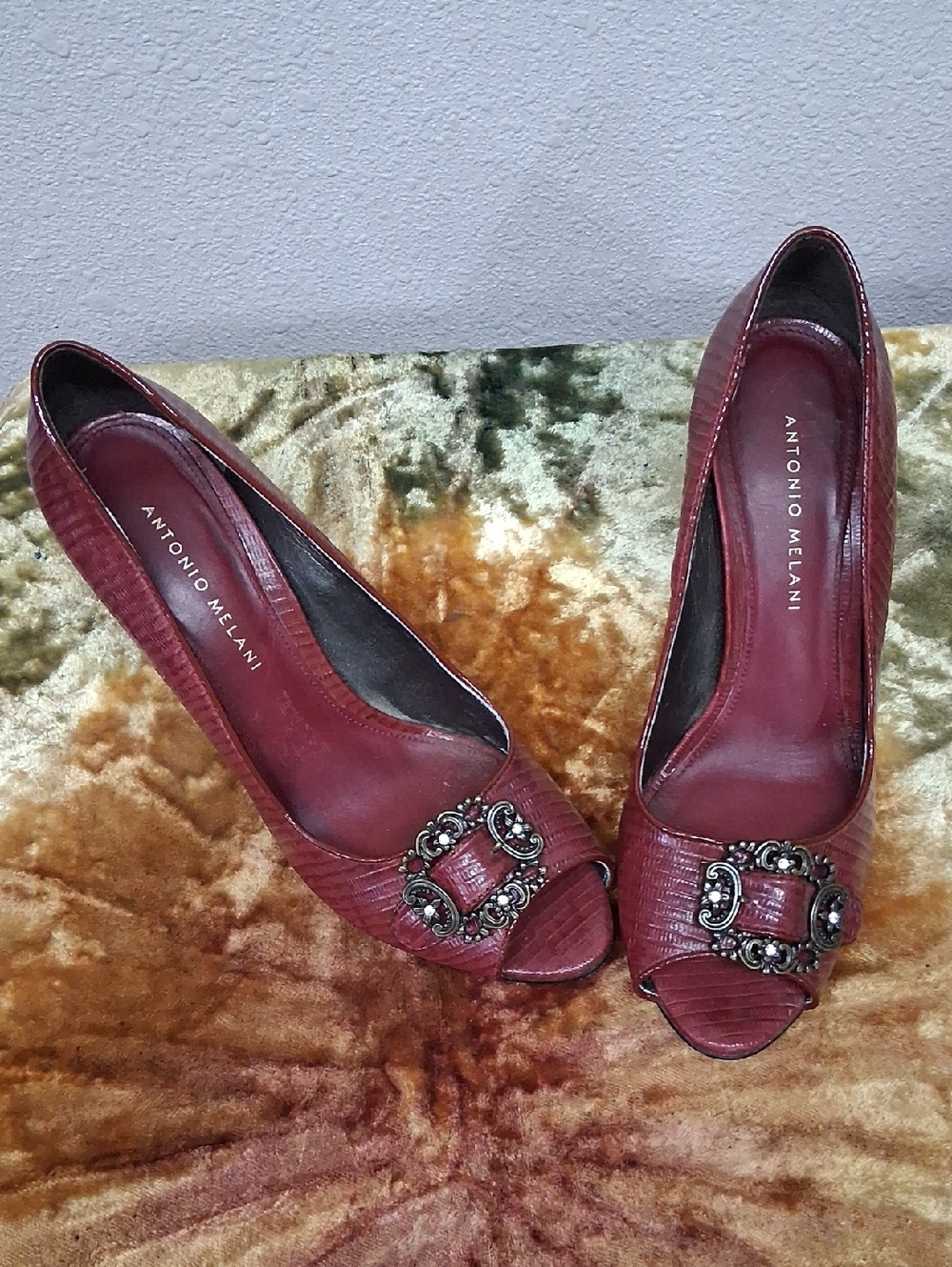 ANTONIO MELANI Women's Wine Red Peep-Toe Heels with Decorative Buckle